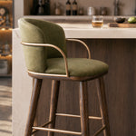 Load image into Gallery viewer, Modern Upholstered Bar Stool with Curved Backrest Gold Arm Detail Wooden Legs Counter Chair 1 Piece