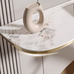Load image into Gallery viewer, Modern Sintered Stone Entryway Console Table with Gold Sculptural Metal Base