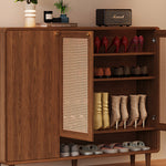 Load image into Gallery viewer, Mid-Century Rattan Shoe Cabinet with 2 Doors Walnut Wood Entryway Storage Organizer with Open Shelf