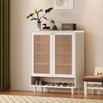 Load image into Gallery viewer, Mid-Century Rattan Shoe Cabinet with 2 Doors Walnut Wood Entryway Storage Organizer with Open Shelf