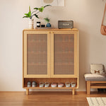 Load image into Gallery viewer, Mid-Century Rattan Shoe Cabinet with 2 Doors Walnut Wood Entryway Storage Organizer with Open Shelf