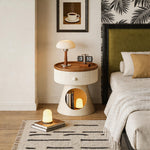 Load image into Gallery viewer, Modern Round Nightstand with Hidden Storage Drawer and Cat House Base Wooden Top Fluted Design Bedside Table