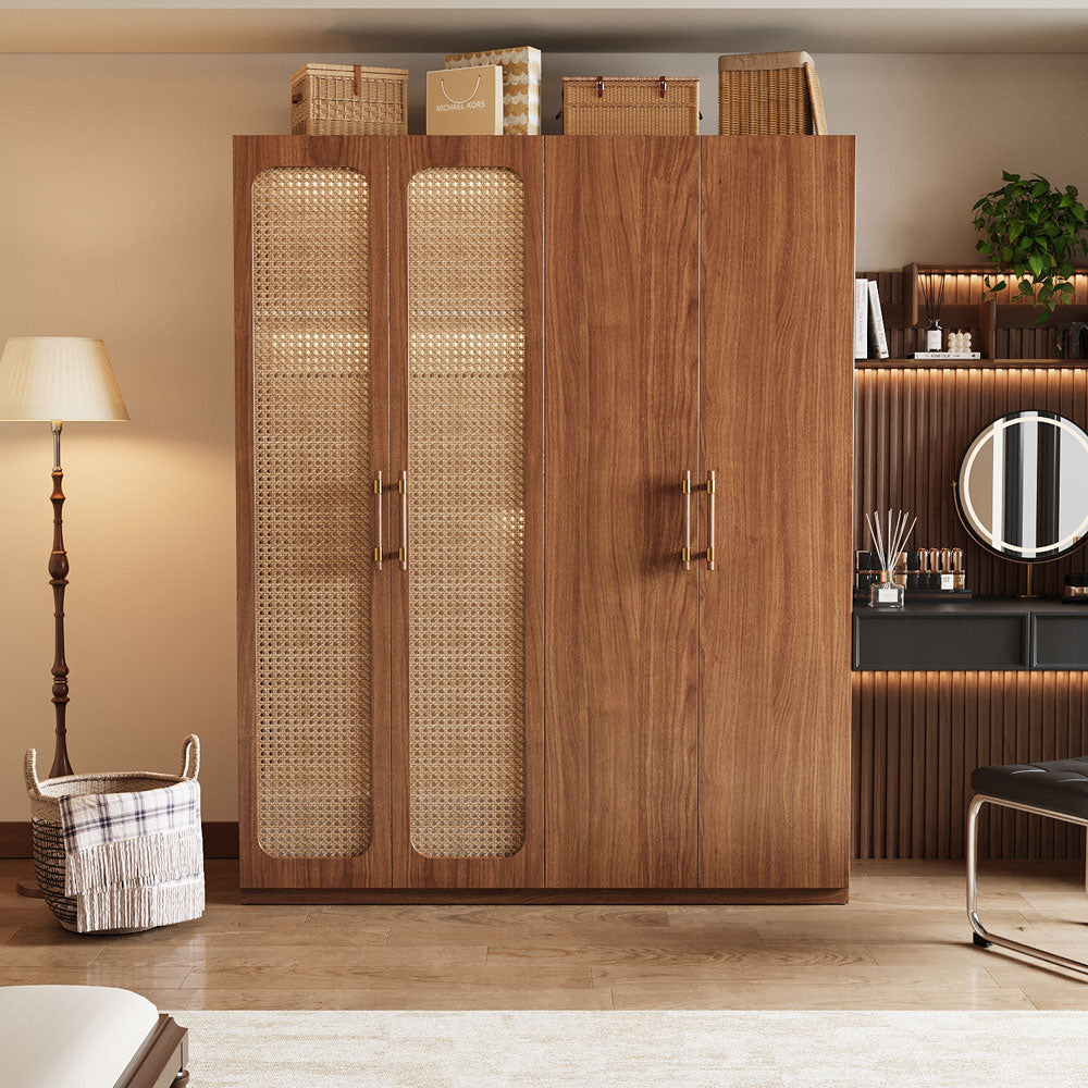 Walnut Rattan Four-Door Wardrobe Modern Natural Fusion Design