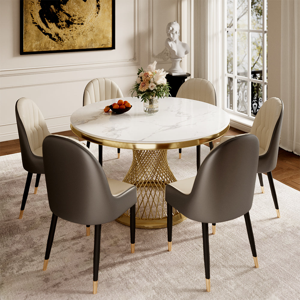 Elegant Round Sintered Stone Dining Table Gold Metal Base