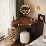 Load image into Gallery viewer, Modern Corner Vanity Desk with Mirror Walnut Finish Makeup Table with Storage Drawers with Stool