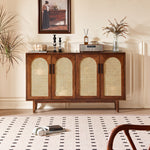 Load image into Gallery viewer, 59'' Mid-Century Modern Rattan Door Sideboard Cabinet Solid Wood Buffet Storage Console for Dining Room & Living Room