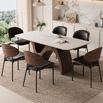 Load image into Gallery viewer, Modern Dining Table with Marble-Like Stone Top and Sculptural Wooden Base