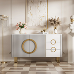 Load image into Gallery viewer, Walnut S-Base Marble-Effect Round Dining Table + White & Gold Circular-Accent Buffet Cabinet Set