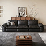 Load image into Gallery viewer, Modern Low Profile Black Leather Straight Sofa Minimalist Wide Arm 4 Seater Couch