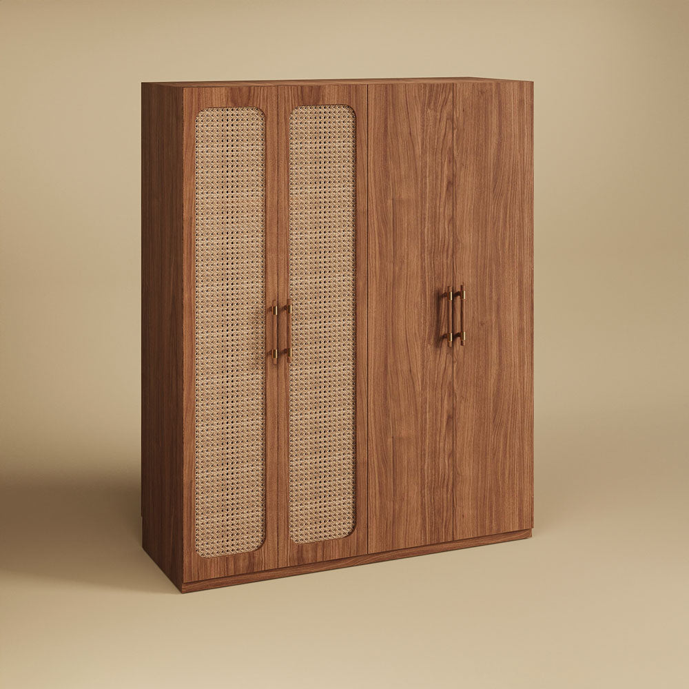 Walnut Rattan Four-Door Wardrobe Modern Natural Fusion Design