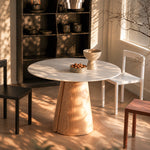 Load image into Gallery viewer, Modern Round Dining Table with Walnut Veneer Top & Travertine-Inspired Pedestal Base