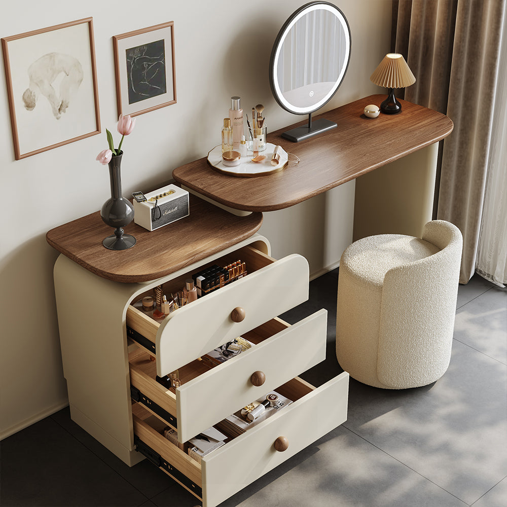 Modern Makeup Vanity LED Mirror and Stool Spacious Storage Rotatable Design