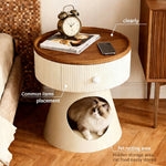 Load image into Gallery viewer, Modern Round Nightstand with Hidden Storage Drawer and Cat House Base Wooden Top Fluted Design Bedside Table