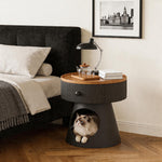 Load image into Gallery viewer, Modern Round Nightstand with Hidden Storage Drawer and Cat House Base Wooden Top Fluted Design Bedside Table