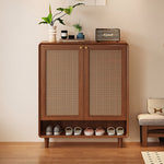 Load image into Gallery viewer, Mid-Century Rattan Shoe Cabinet with 2 Doors Walnut Wood Entryway Storage Organizer with Open Shelf