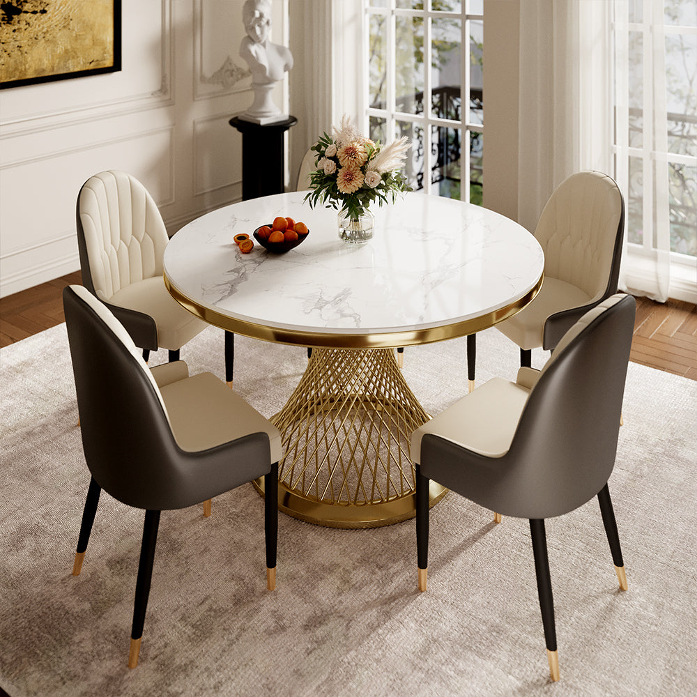 Elegant Round Sintered Stone Dining Table Gold Metal Base
