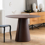 Load image into Gallery viewer, Modern Round Dining Table with Walnut Veneer Top & Travertine-Inspired Pedestal Base