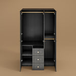 Load image into Gallery viewer, Luxury 3-Door Black Wardrobe with Ribbed Glass Panel Multi-Section Storage with Drawers and Hanging Space