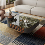 Load image into Gallery viewer, Modern Square Marble Top Coffee Table Green Stone Surface Wood Base Design