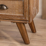 Load image into Gallery viewer, Vintage Distressed Wood Nightstand with Rattan Drawer Front Mid Century Bedside Table with Tapered Legs