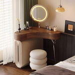 Load image into Gallery viewer, Modern Corner Vanity Desk with Mirror Walnut Finish Makeup Table with Storage Drawers with Stool