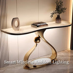 Load image into Gallery viewer, Modern Sintered Stone Entryway Console Table with Gold Sculptural Metal Base