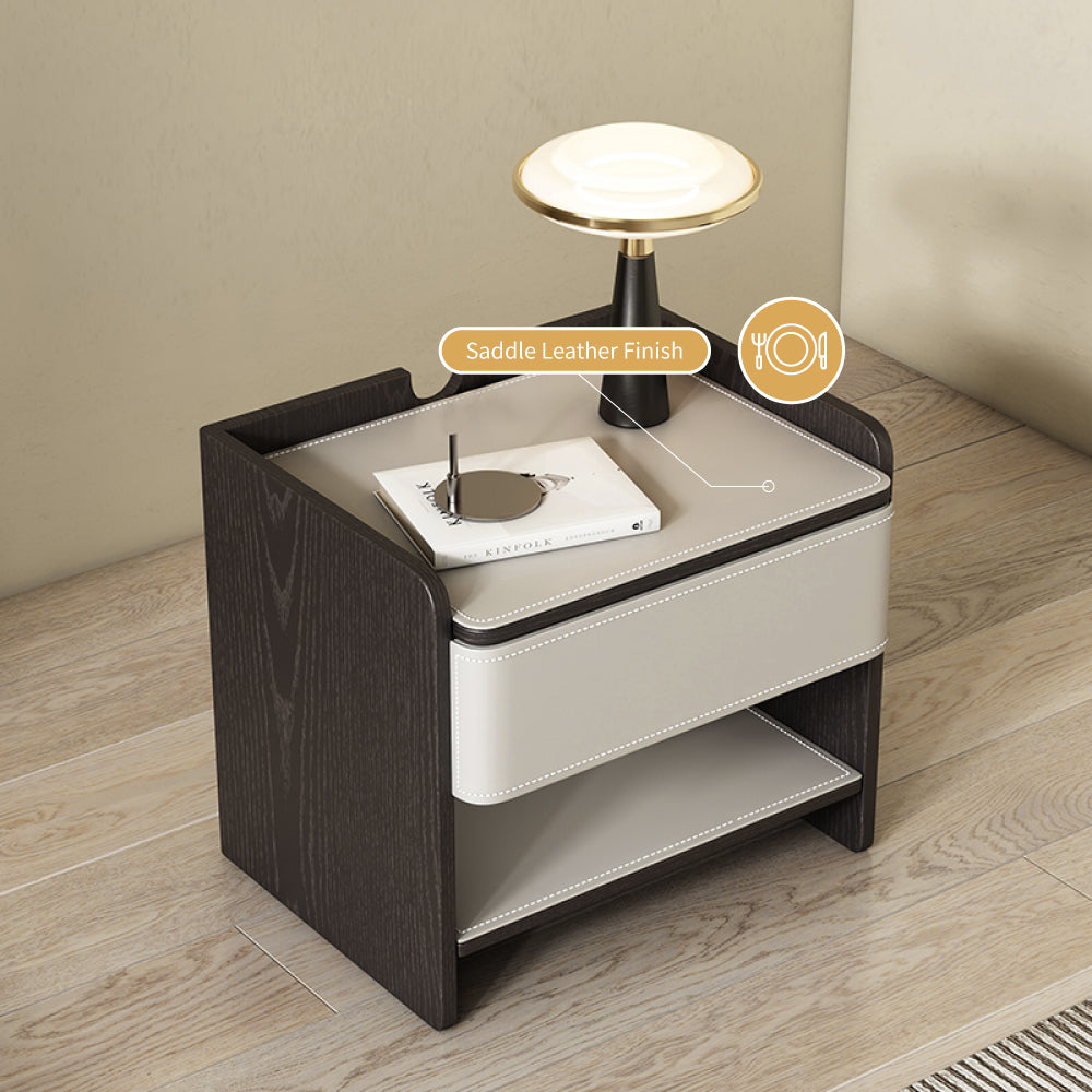 Modern Nightstand with Saddle Leather Finish Silent Drawer Rails