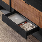 Load image into Gallery viewer, 78" Sleek Rattan and Black Wood TV Stand Media Console Modern Minimalist Design with Textured Grille Front