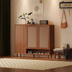 Load image into Gallery viewer, Mid-Century Rattan Shoe Cabinet with 2 Doors Walnut Wood Entryway Storage Organizer with Open Shelf