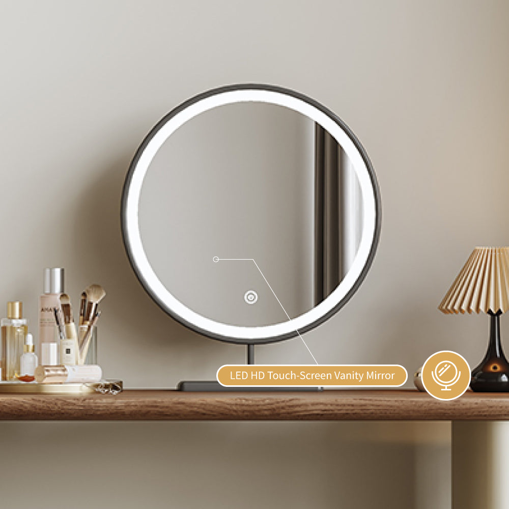 Modern Makeup Vanity LED Mirror and Stool Spacious Storage Rotatable Design
