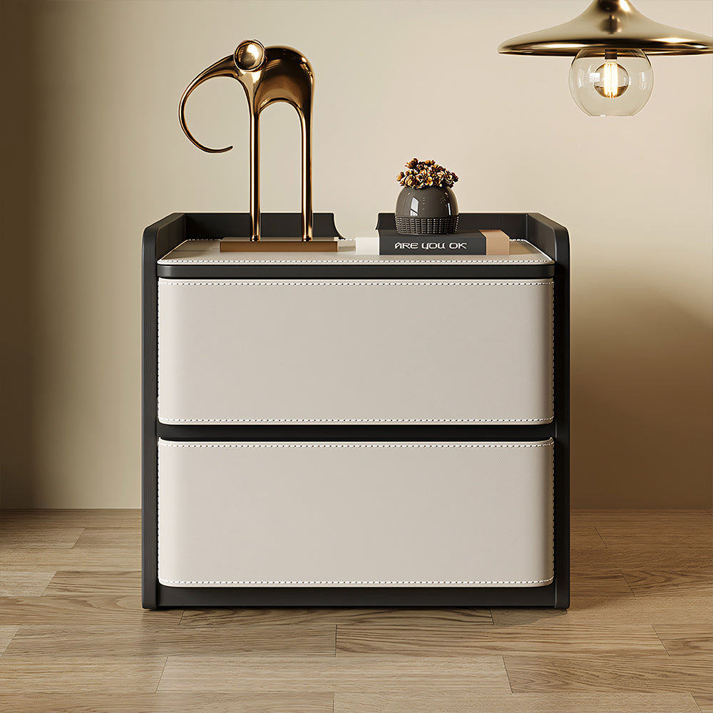 Modern Nightstand with Saddle Leather Finish Silent Drawer Rails 2 Drawers