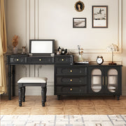 Modern Vintage Vanity Desk with Mirror and Stool Dark Wood Makeup Table with Drawers Storage