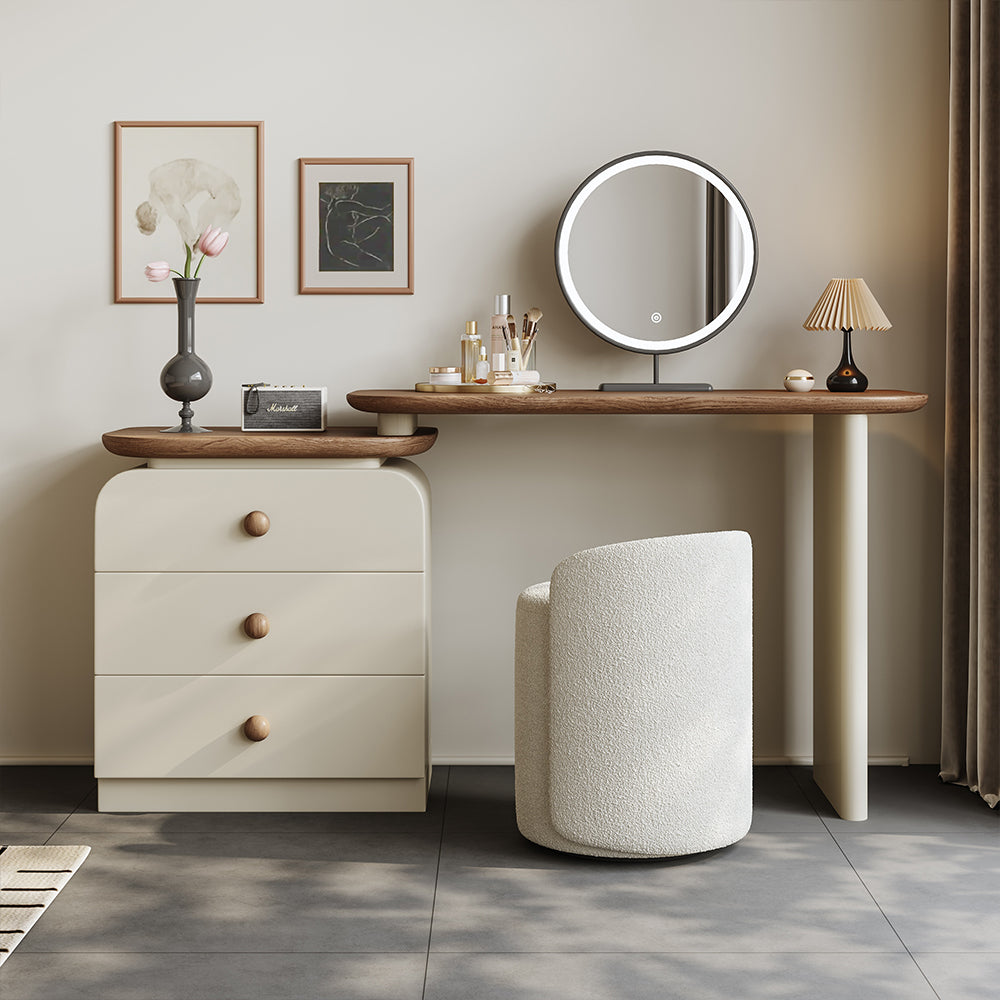 Modern Makeup Vanity LED Mirror and Stool Spacious Storage Rotatable Design