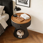 Load image into Gallery viewer, Modern Round Nightstand with Hidden Storage Drawer and Cat House Base Wooden Top Fluted Design Bedside Table