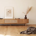 Load image into Gallery viewer, 70.2'' TV Stand Sliding Rolling Door Rattan TV Console Media Cabinet for Modern Living