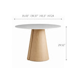 Load image into Gallery viewer, Modern Round Dining Table with Walnut Veneer Top & Travertine-Inspired Pedestal Base