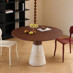Load image into Gallery viewer, Modern Round Dining Table with Walnut Veneer Top & Travertine-Inspired Pedestal Base