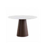 Load image into Gallery viewer, Modern Round Dining Table with Walnut Veneer Top & Travertine-Inspired Pedestal Base