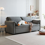Load image into Gallery viewer, Side view of pull-out sofa bed with gray fabric and clean lines