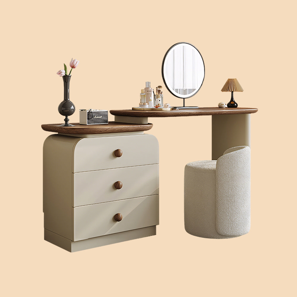 Modern Makeup Vanity LED Mirror and Stool Spacious Storage Rotatable Design