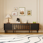 Load image into Gallery viewer, 78.7'' Retro Metal TV Cabinet Arched Grille Doors Walnut Finish Elevated Base