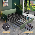Load image into Gallery viewer, Side view of velvet sofa bed with metal frame and wooden legs