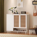 Load image into Gallery viewer, Mid-Century Rattan Shoe Cabinet with 2 Doors Walnut Wood Entryway Storage Organizer with Open Shelf