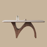 Load image into Gallery viewer, Modern Dining Table with Marble-Like Stone Top and Sculptural Wooden Base