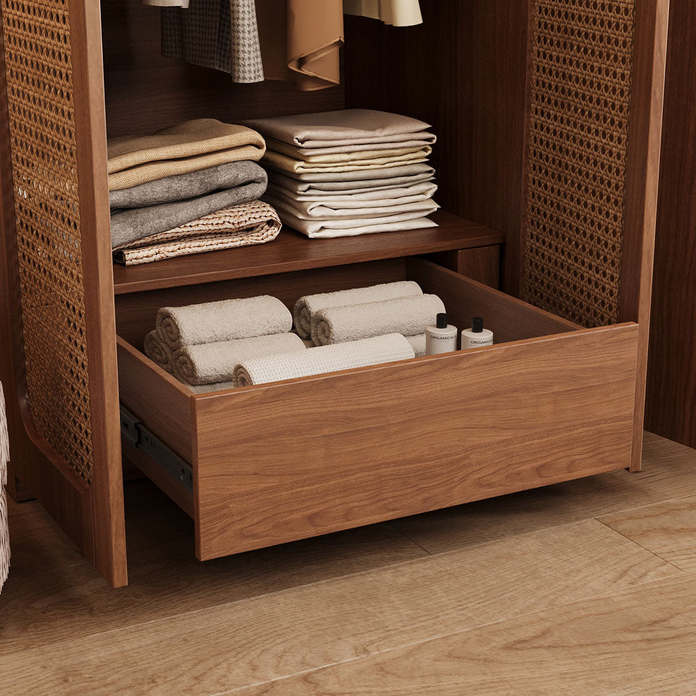 Walnut Rattan Four-Door Wardrobe Modern Natural Fusion Design