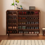 Load image into Gallery viewer, Mid-Century Rattan Shoe Cabinet with 2 Doors Walnut Wood Entryway Storage Organizer with Open Shelf