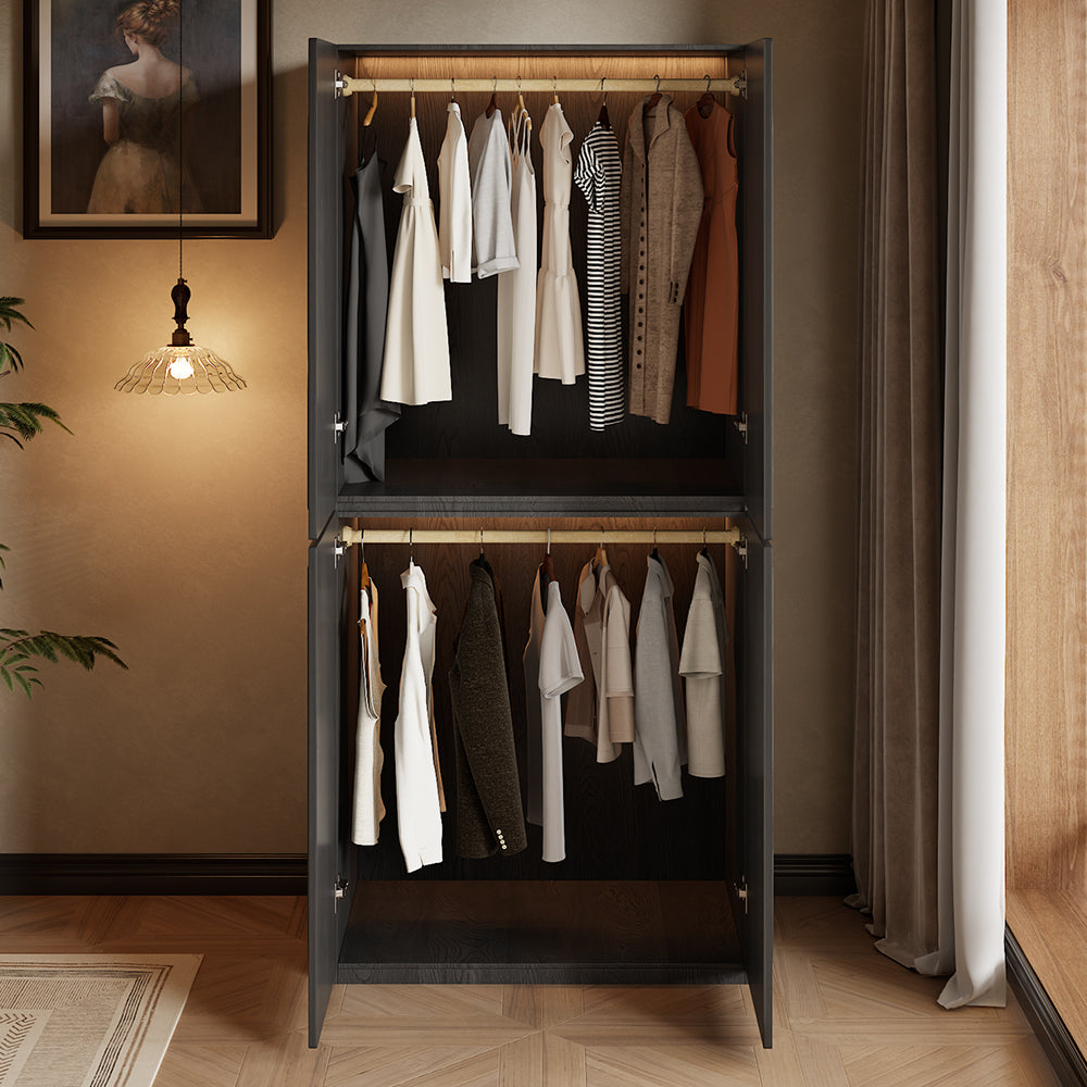 78" Modern Double-Door Wardrobe in Dark Wood Finish with Divided Storage