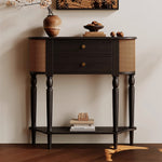 Load image into Gallery viewer, 35.4'' Modern Entryway Console Table with Rattan Panels Black Wood Hallway Table with 2 Drawers & Lower Shelf Decorative Accent Table