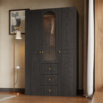 Load image into Gallery viewer, Luxury 3-Door Black Wardrobe with Ribbed Glass Panel Multi-Section Storage with Drawers and Hanging Space