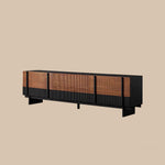 Load image into Gallery viewer, 78" Sleek Rattan and Black Wood TV Stand Media Console Modern Minimalist Design with Textured Grille Front